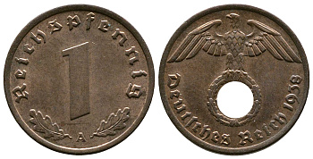 Германия 1 рейхспфенниг 1938 A KM 89, J. 361 бронза    220-267