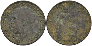 Великобритания 1 фартинг 1917 Георг V (1910-1936), темная отделка KM 808.1, Spink 4059 бронза 4596-945