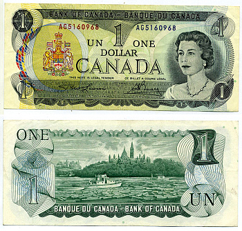 Канада 1 доллар 1973 Елизавета II (1952- ), здание парламента на реке Оттава, Lawson-Bouey, серии 2 буквы Pick 85 a (1)  бумага 2197-2-3-2