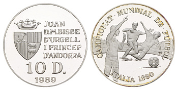 Андорра 10 динеров 1989 Чемпионат мира по футболу 1990, нарушение правил KM 53 серебро PROOF 1083-1-64