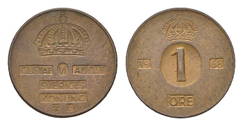 Швеция 1 эре 1968 U, Густав VI Адольф (1950-1973) KM 820 бронза 4623-833