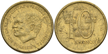 Швеция 10 крон 1991 D, Карл XVI Густав (1973- ) KM 877 медь алюминий цинк 4592-144