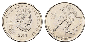 Канада 25 центов 2007 XXI зимние Олимпийские Игры, Ванкувер 2010 - Хоккей KM 683 сталь плакированная никелем UNC 110-142