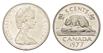 Канада 5 центов 1977 Елизавета II (1952-2022), бобр KM 60.1 никель 4636-612