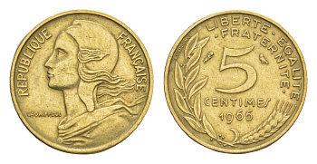Франция 5 сантимов 1966 KM 933 алюминиевая бронза 4174-328