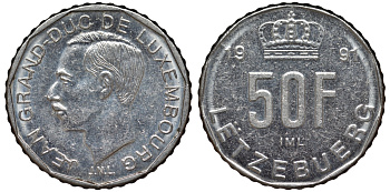 Люксембург 50 франков 1991 Герцог Жан (1964-1999) KM 66 никель 4143-134