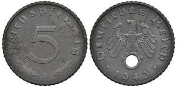 ГЕРМАНИЯ 5 РЕЙХСПФЕННИГОВ 1943 A KM 100, Jager 370 цинк 4547-724