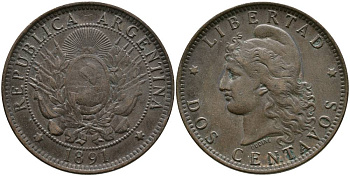 Аргентина 2 сентаво 1891 голова свободы влево KM 8 бронза 4531-1031