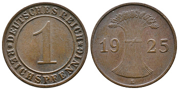 ГЕРМАНИЯ 1 РЕЙХСПФЕННИГ 1925 E KM 37, J. 313 бронза 4380-1121
