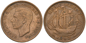 Великобритания 1/2 пенни 1942 Георг VI (1936-1952) KM 844, Spink 4115 бронза 4619-615