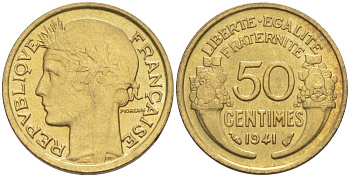 ФРАНЦИЯ 50 САНТИМОВ 1941 ТИП MORLON KM 894.1, LE FRANC 192.18 алюминиевая бронза 44-562