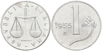 Италия 1 лира 1955 R, весы KM 91 алюминий  UNC  4594-719