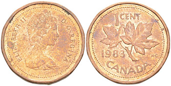КАНАДА 1 ЦЕНТ 1983 КЛЕНОВЫЙ ЛИСТ, ЕЛИЗАВЕТА II KM 132 бронза 96-663