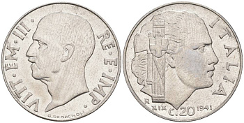 ИТАЛИЯ 20 ЧЕНТЕЗИМО 1941 R, ГОД XIX, ВИКТОР ЭММАНУИЛ III (1900-1946) KM 75b, VEM3. 1028 нержавеющая сталь 3853-1211