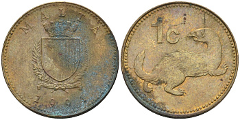 Мальта 1 цент 1991 ласка, горностай KM 93 никель латунь 4585-1154