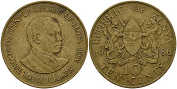 Кения 10 центов 1986 Дэниэл Торойтич арап Мои (1978-2002) KM 18 никель латунь 4157-124