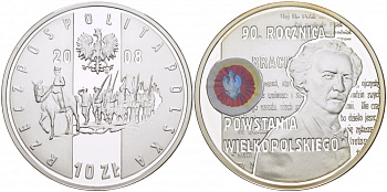 Польша 10 злотых 2008 MW, 90 лет Великопольского восстания, Игнаций Ян Падеревский, цветная эмаль KM 661 серебро PROOF 1087-4-52