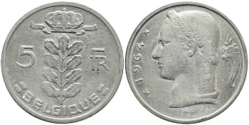 БЕЛЬГИЯ 5 ФРАНКОВ 1964 BELGIQUE KM 134.1 медно-никель 3999-1233