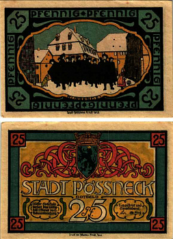 ПЁСНЕК, ГЕРМАНИЯ 25 ПФЕННИГОВ 1921 НОТГЕЛЬД, ЗЕМЛЯ ТЮРИНГИЯ бумага 7551-31-3-1