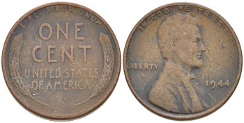 США 1 цент 1944 Линкольн KM А132 медь цинк 218-154