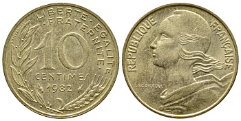 ФРАНЦИЯ 10 САНТИМОВ 1982 ТИП MARIANNE KM 929 медь алюминий никель 93-1337
