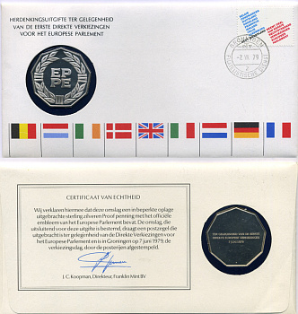 Нидерланды медаль и комплект марок 1979 конверт Первого дня гашения, Европарламент (EP-PE), в оригинальной упаковке серебро PROOF 7-7-6