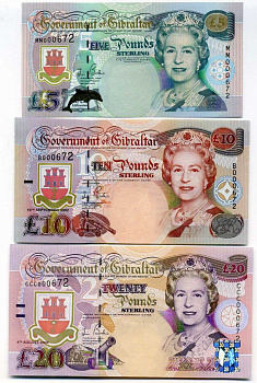 Гибралтар 5, 10 и 20 фунтов миллениум 2000-2004 три банкноты, набор м одинаковыми номерами 000672 Pick 29, 30, 31 бумага UNC (пресс) 000-00-00
