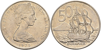 Новая Зеландия 50 центов 1979 Елизавета II (1952-2022), парусник Индевор KM 37.1 медно-никель 4587-335