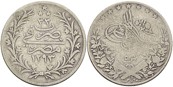 ЕГИПЕТ 5 ГИРШ 1907 Н, АН1293, ГОД 33, ABDUL HAMID II (1876-1909) KM 294 серебро 4513-343