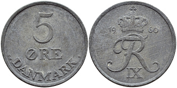 Дания 5 эре 1960 C; S, Фредерик IX (1947-1972) KM 843.2 цинк 51-4126