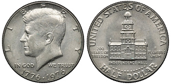 США 50 центов = 1/2 доллара 1976 200 лет независимости, Джон Кеннеди KM 205 медь плакированная медно-никелем 88-1235