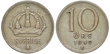 Швеция 10 эре 1949 TS, Густав V (1907-1950) KM 813 серебро 45-459