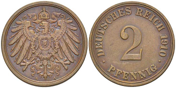 ГЕРМАНИЯ 2 ПФЕННИГА 1910 A KM 16, J. 11, Weege 4 медь 206-555