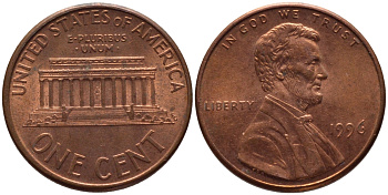 США 1 ЦЕНТ 1996 ЛИНКОЛЬН KM 201b цинк плакированный медью 66-1063