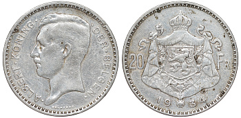 Бельгия 20 франков 1934 Альберт I (1909-1934), Der Belgen KM 104.1 серебро 4178-1034