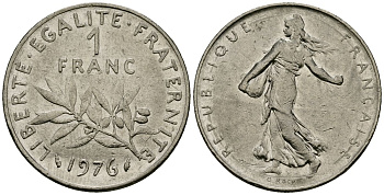 Франция 1 франк 1976 сеятель KM 925.1, Le Franc 226.4 никель 4138-314