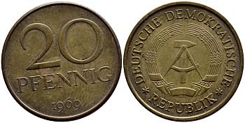 ГДР 20 пфеннигов 1969 А, первый год KM 11 латунь UNC 4398-1055