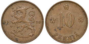 Финляндия 10 пенни 1939 KM 24 медь 51-3051
