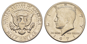 США 1/2 доллара (50 центов) 1971 D, Джон Кеннеди KM 202b медь плакированная медно-никелем aUNC 82-1035