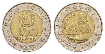 Португалия 100 эскудо 1998 Педру Нуниш (1502-1578), математик KM 645 биметалл 4391-354