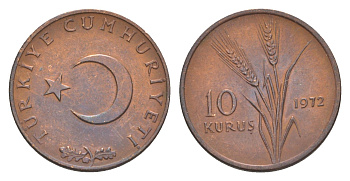 Турция 10 курушей 1972 KM 891.2 бронза UNC 4647-563