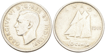 Канада 10 центов 1944 Георг VI (1936-1952), парусник KM 34 серебро  4147-411