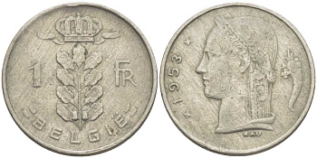 Бельгия 1 франк 1953 Belgie, Бодуэн I (1951-1993) KM 143.1 медно-никель 119-441