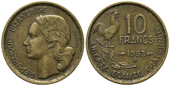 Франция 10 франков 1953 В, петух KM 915.2, Le Franc 363.9 алюминиевая бронза 187-219