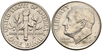 США 10 центов = дайм 1994 P, Рузвельт КМ 195а медь плакированная медно-никелем 4567-622