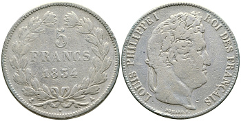 Франция 5 франков 1834 А, Луи Филипп I (1830-1848) KM 749.1 серебро 79-935
