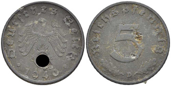 ГЕРМАНИЯ 5 РЕЙХСПФЕННИГОВ 1940 D KM 100, J. 370 цинк 105-226