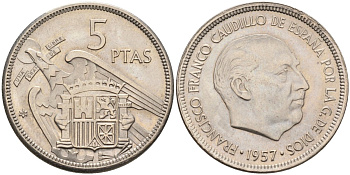 Испания 5 песет 1957(69) Франциско Франко (1939-1975) KM 786 медно-никель UNC 4583-1134