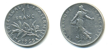 Франция 1 франк 1965 сеятель KM 925.1, Le Franc 226.9 никель 57-124