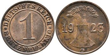 Германия 1 рентенпфенниг 1923 G KM 30, J. 306 бронза UNC 413-2334